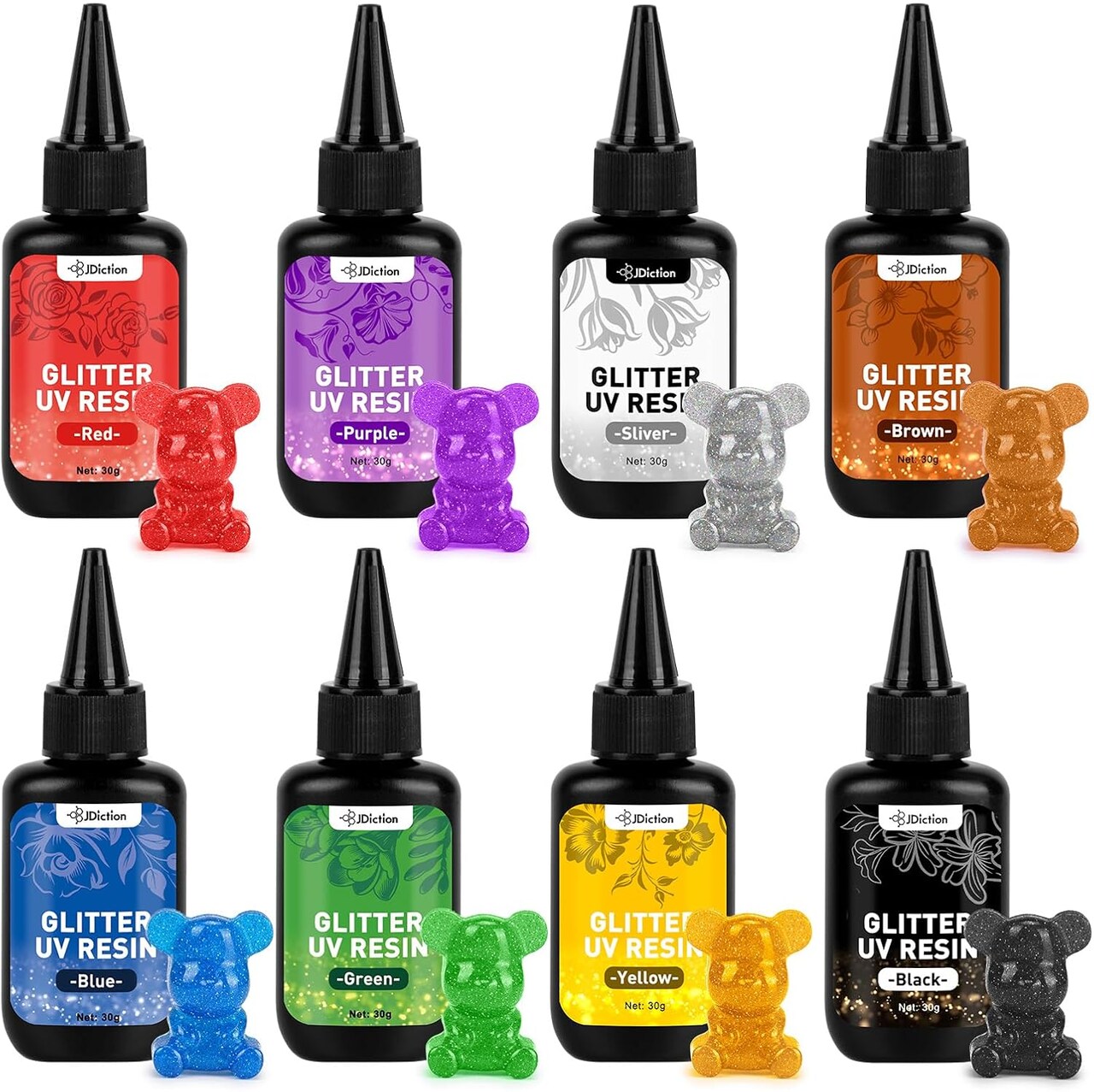 JDiction Glitter Colored UV Resin, 8 Colors Metallic UV Resin with Sparkling Effect, Hard Glitter UV Resin Kit for Jewelry Making, Colored Resin Casting and Coating, Crafts and Decoration